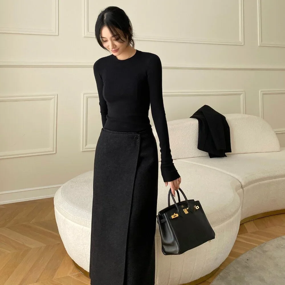 CHICJOC High-End 100% Wool Midi Wrap Skirt w/ Silk Waistband – Size 38 in grey